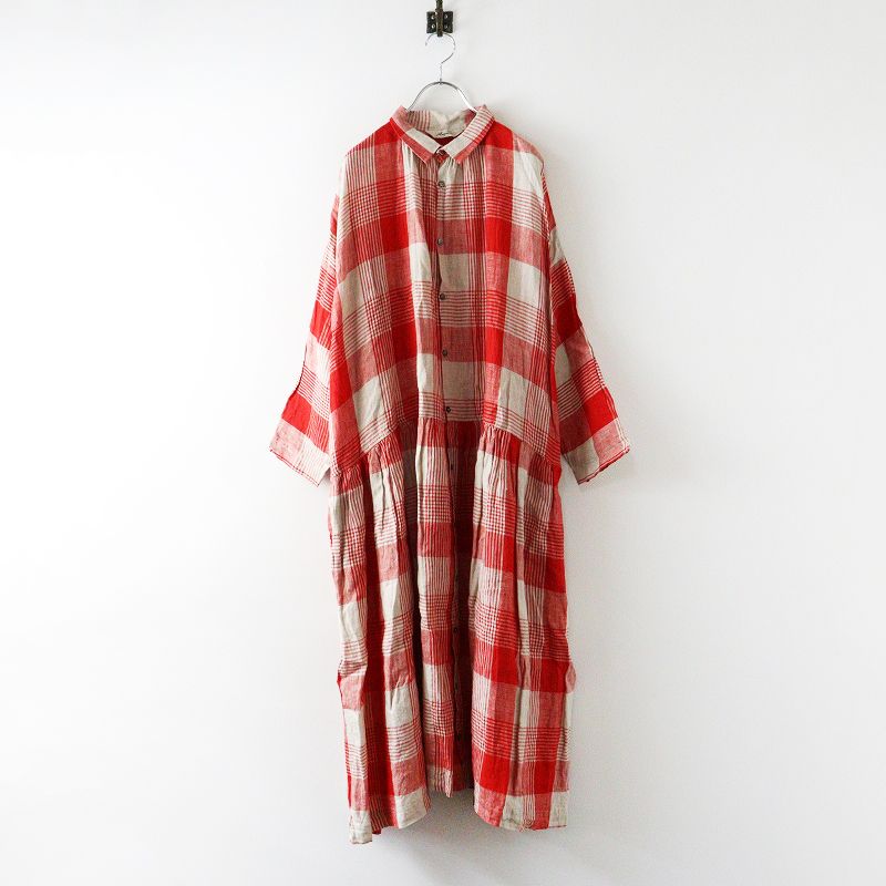 イチアンティークス ICHI Antiquites リネン チェック シャツ ワンピース レッド ベージュ ドレス