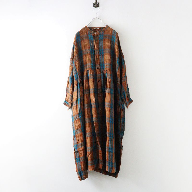 イチアンティークス ICHI Antiquites リネン バンド チェック ワンピース ｜ブラウン ブルー