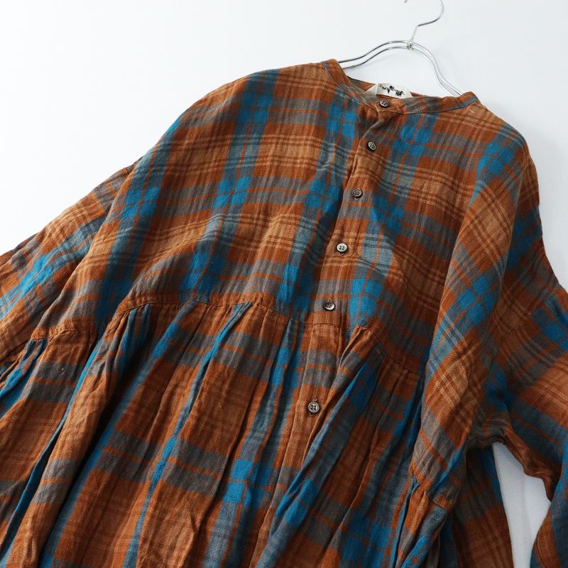 美品 イチアンティークス リネン100％ チェック ワンピース イチアンティークス ICHI Antiquites リネン バンドカラー チェック