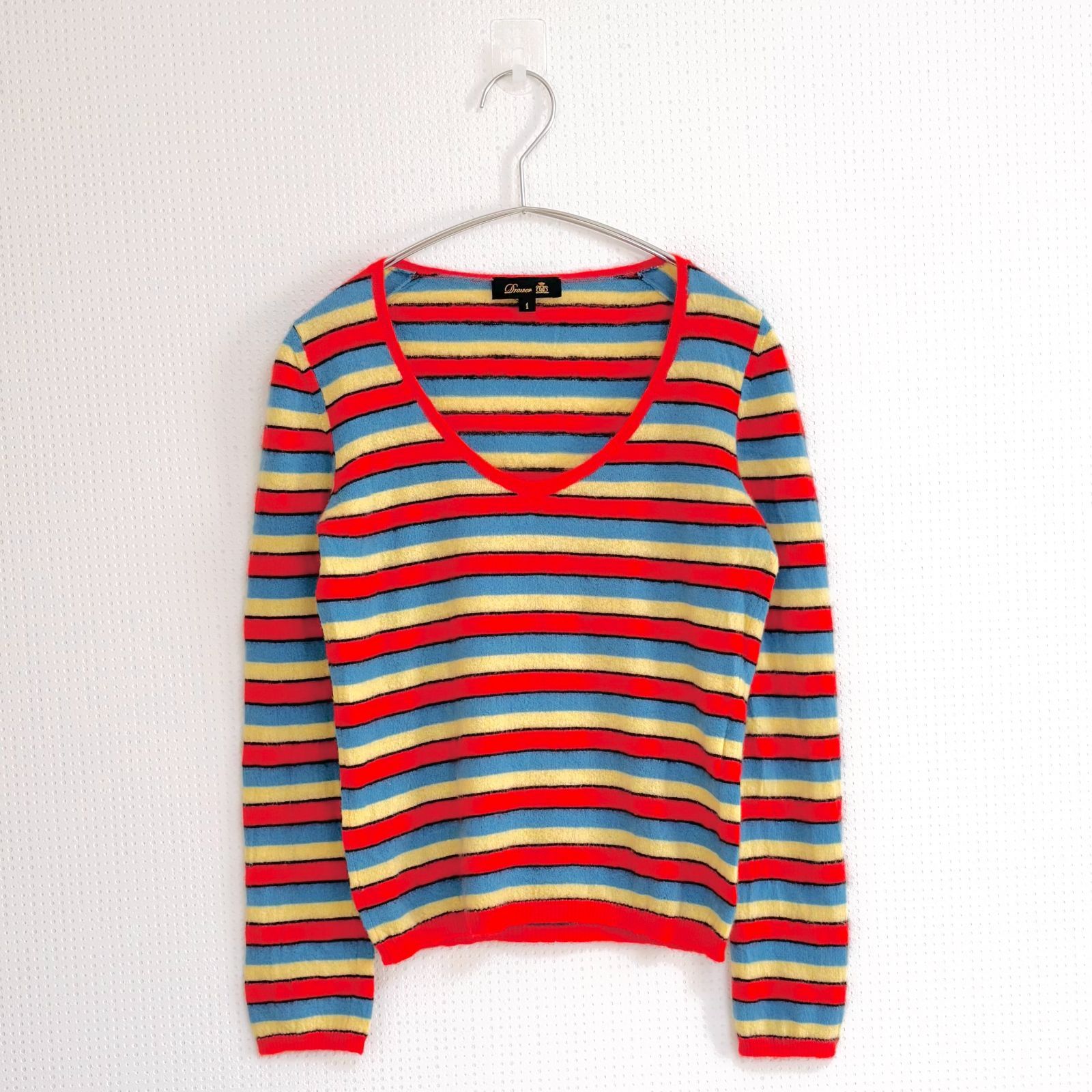 Drawer ドゥロワー｜カシミヤ100％ マルチボーダー Vネックニット