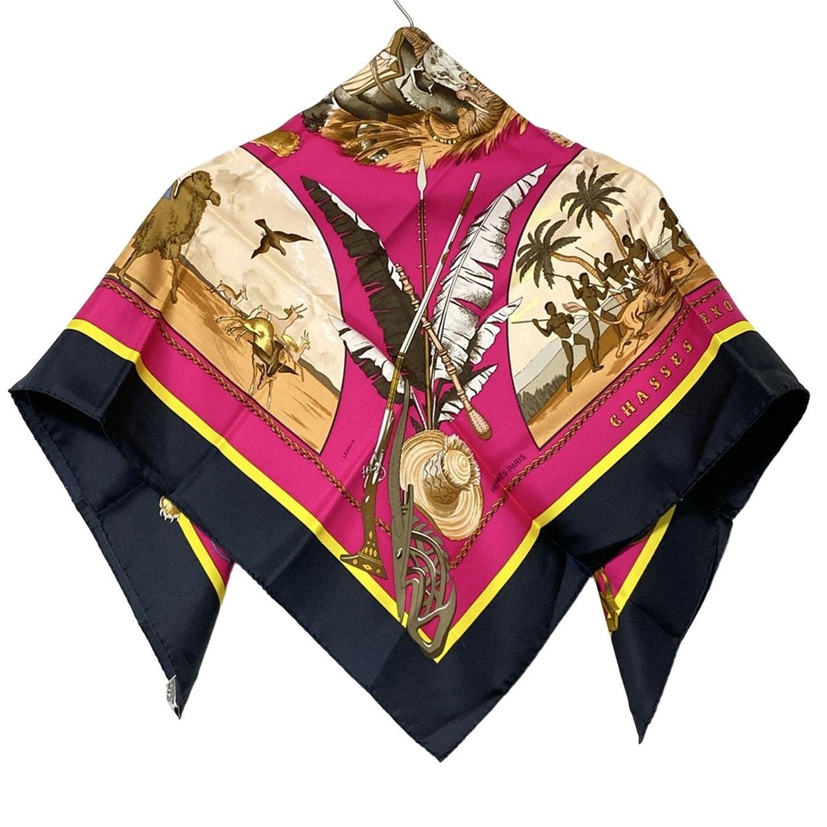 HERMES エルメス スカーフ カレ90 ピンク 黒 マルチ CHASSES EXOTIOUES アニマル柄