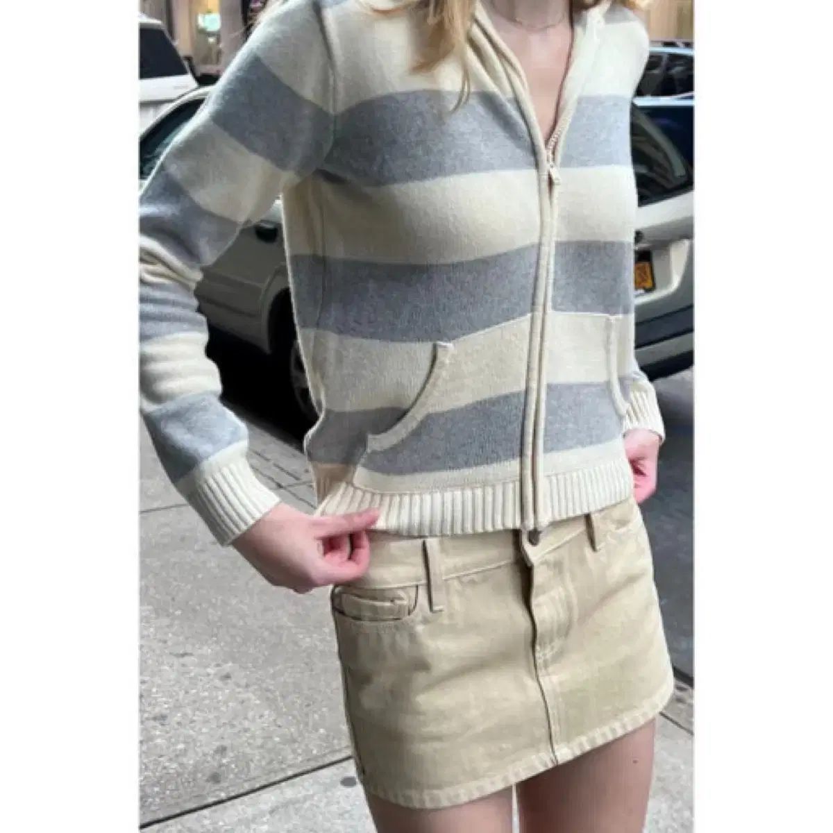 ブランディー メルビル ストライプ ニット フードジップアップ グレー