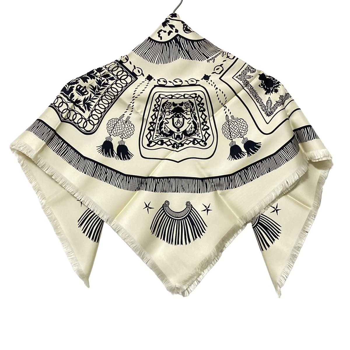 HERMES エルメス スカーフ カレ80 2717571 09 エクリュ×黒 Poste et Cavalerie フリンジ