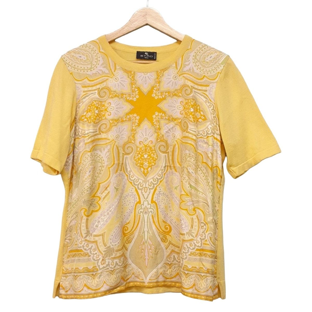ETRO(エトロ) 半袖カットソー サイズ46 L レディース美品 - イエロー×ライトパープル×マルチ クルーネック/ペイズリー柄/前面シルク