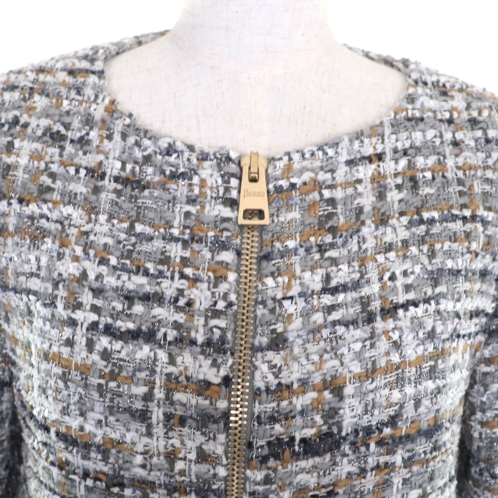 極美品☆Herno ヘルノ ノーカラー ミックス ツイード ZIP UP コート