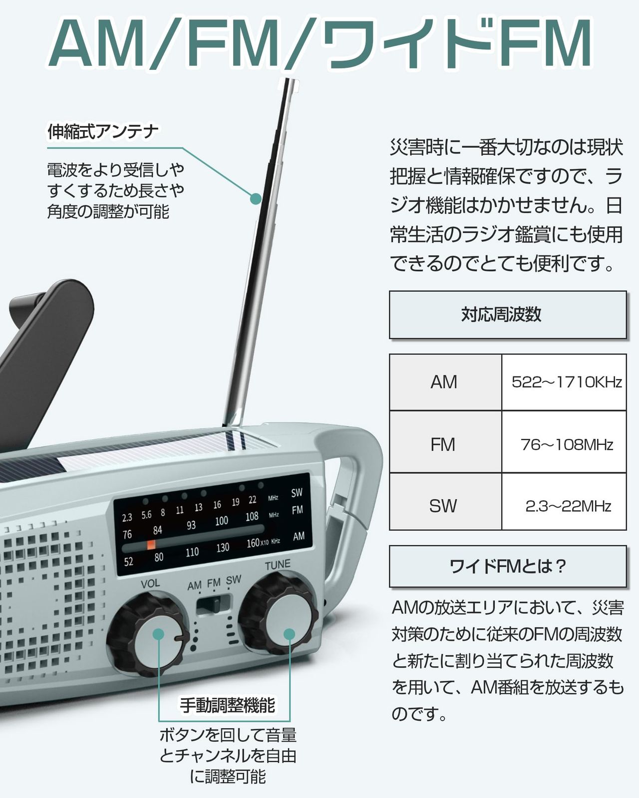 Greeshow 防災ラジオ 多機能 懐中電灯 SW/AM/FM 携帯ラジオ(F Greeshow