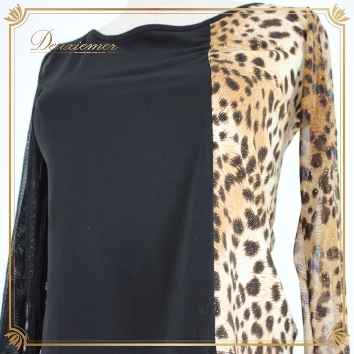 社交ダンス 衣装 スタンダード トップス レッスンウェア オールシーズン Create-Sun クリエイトサン ブラック系 ヒョウ柄 フリンジ アシンメトリー スリーブ デザイン 伸縮性 おしゃれ ダンス