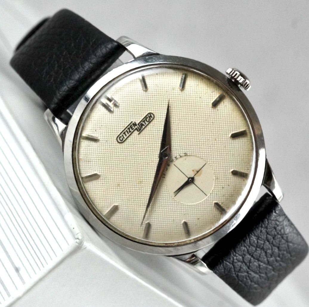 囲みロゴ CITIZEN シチズン 手巻き 腕時計 メンズ スモールセコンド スモセコ 1950 s テクスチャー文字盤 布目 絹目 変わり文字盤 17石 antique 稼働品 アナログ 3針 旧ロゴ