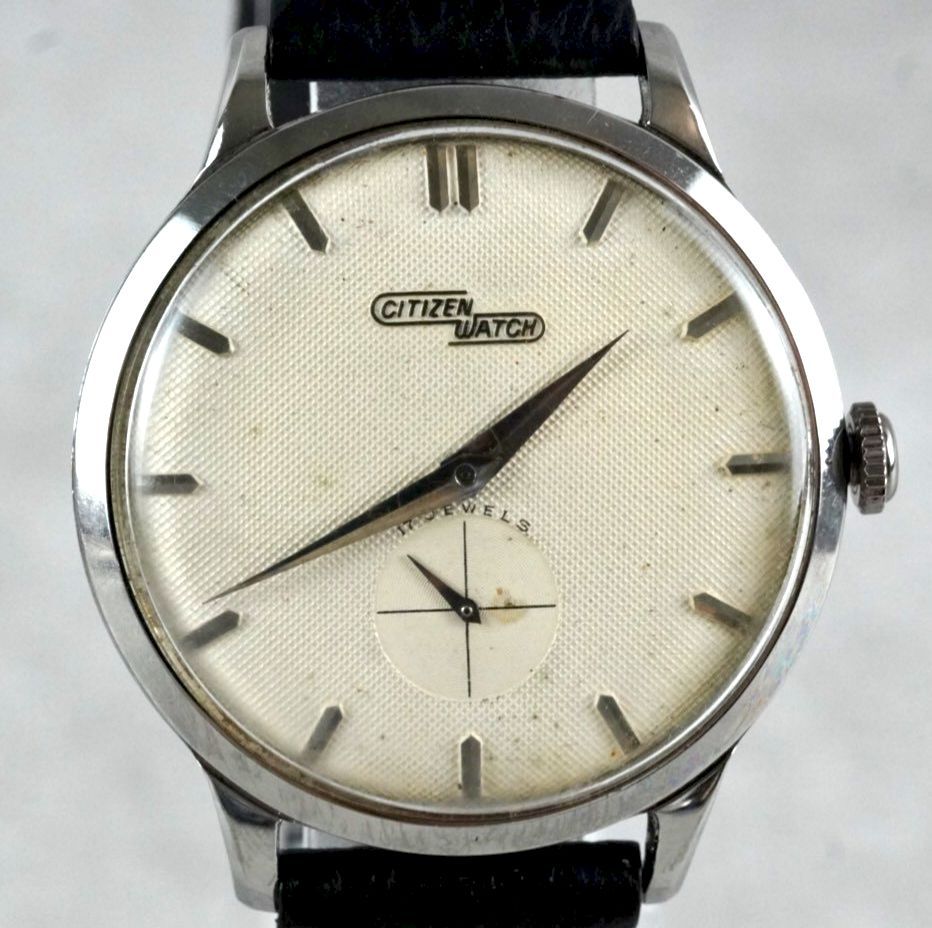 囲みロゴ CITIZEN シチズン 手巻き 腕時計 メンズ スモールセコンド スモセコ 1950 s テクスチャー文字盤 布目 絹目 変わり文字盤 17石 antique 稼働品 アナログ 3針 旧ロゴ 手巻き時計 腕時計(アナログ) 時計
