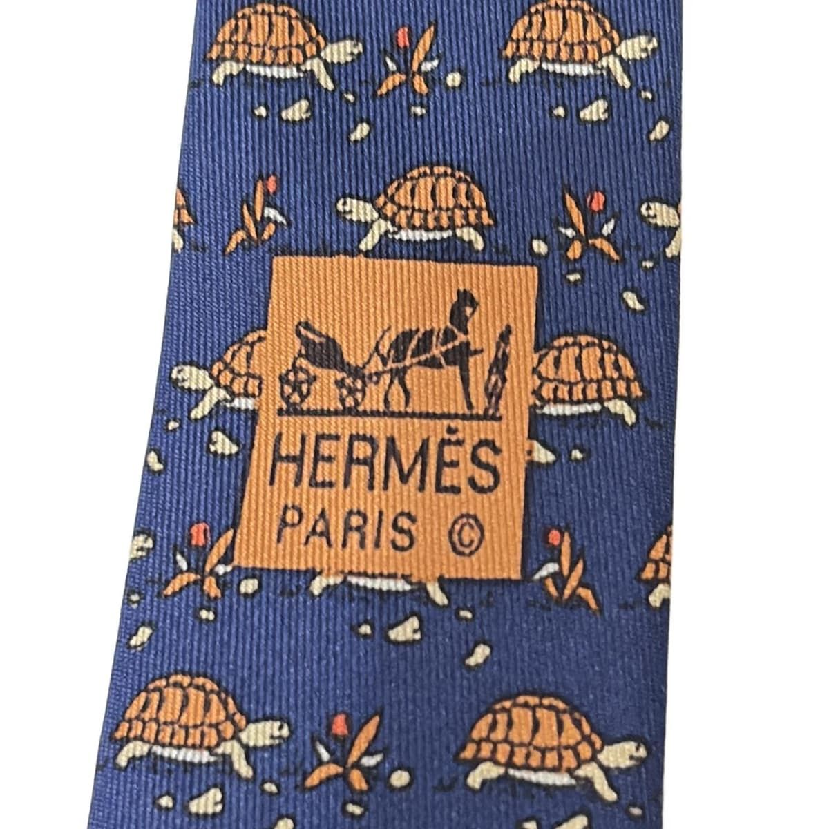 HERMES(エルメス) ネクタイ メンズ美品 - ネイビー×ブラウン タートル