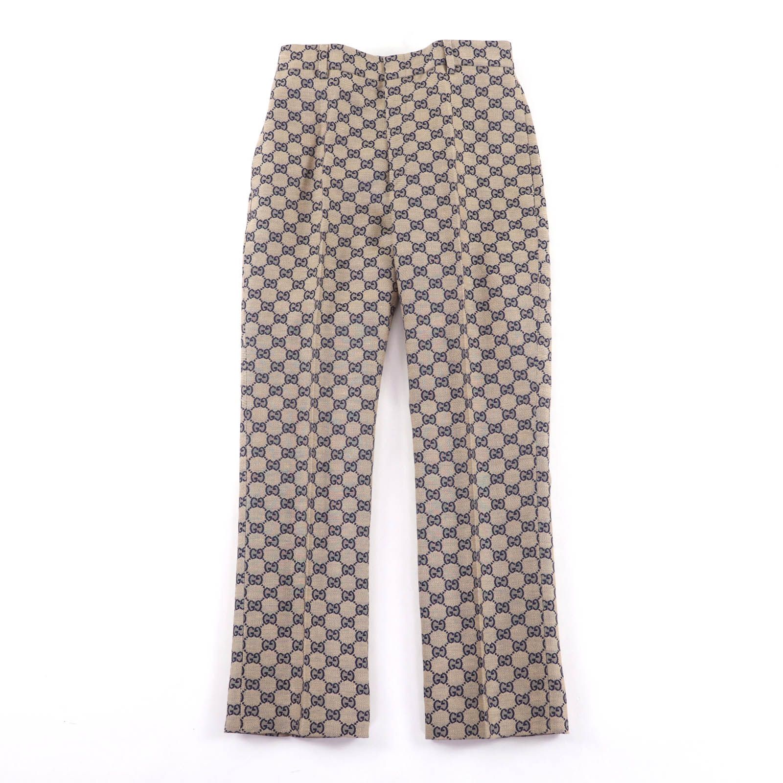 GUCCI グッチ 786389 リネン混 GGジャガード センタープレス パンツ ベージュ ネイビー 36 イタリア製 レディース