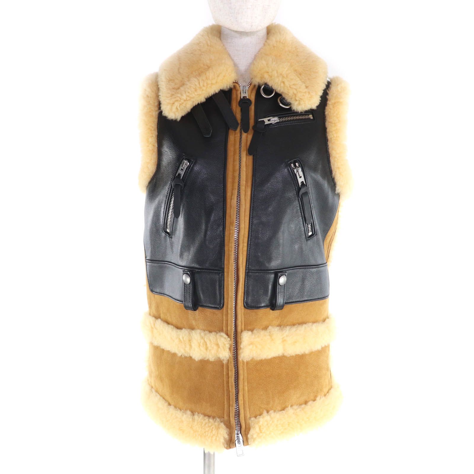 COACH コーチ ロゴボタン付 ムートンレザー切り替え ZIP UP ジレ ベスト ブラック ベージュ XS イタリア製 レディース