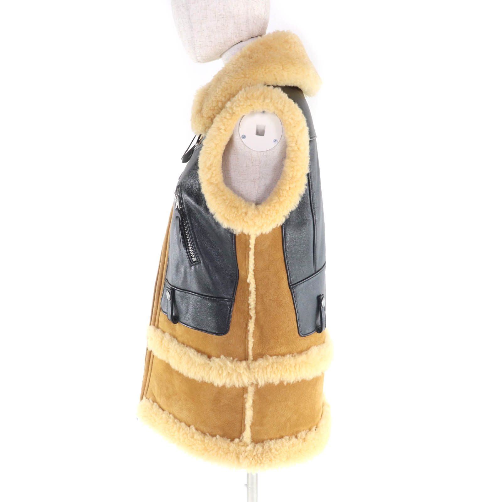 COACH コーチ ロゴボタン付 ムートンレザー切り替え ZIP UP ジレ ベスト ブラック ベージュ XS イタリア製 レディース