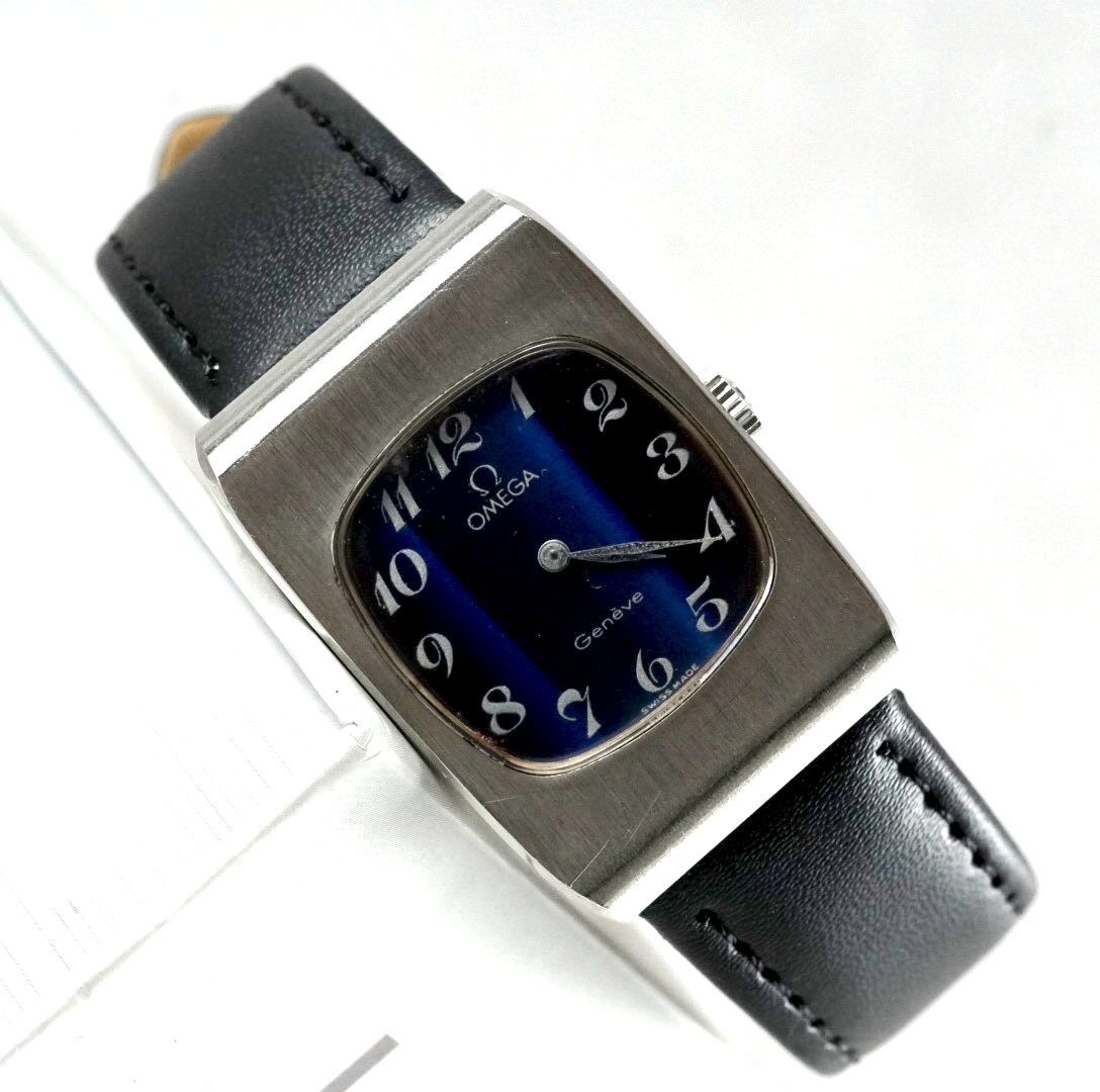 OMEGA オメガ Genéve ジュネーブ 腕時計 レディース 手巻き ネイビー ブルー 青文字盤 アラビア数字 スクエア レクタングル antique レトロ 稼働品 70 s スイス製 SWISS MADE 2針 オールドオメガ
