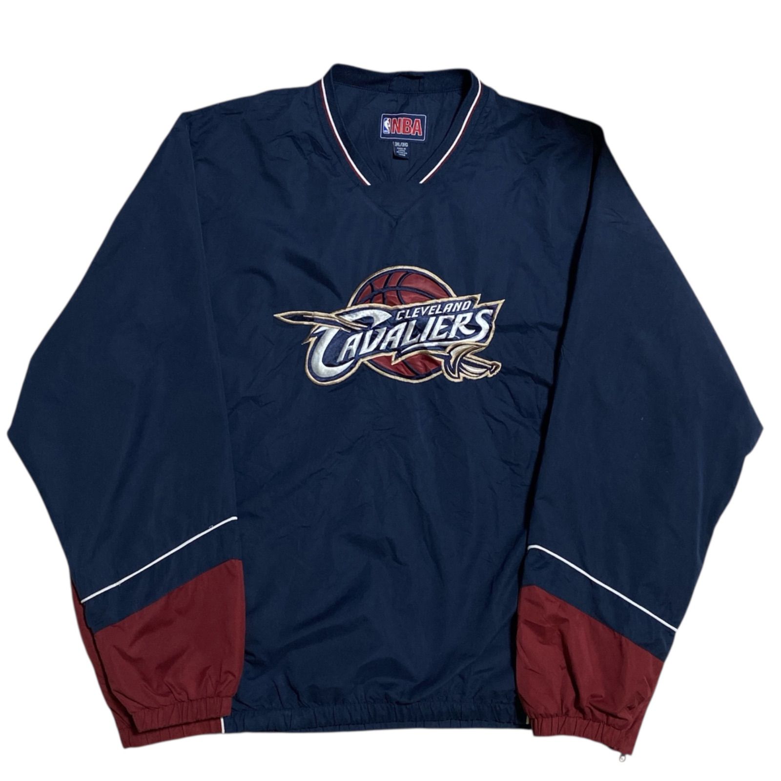NBA クリーブランド･キャバリアーズ チームロゴ バスケットボール Vネック ウォームアップジャケット ナイロンジャケット ウィンドブレーカー ネイビー 刺繍 メンズ 古着 長袖