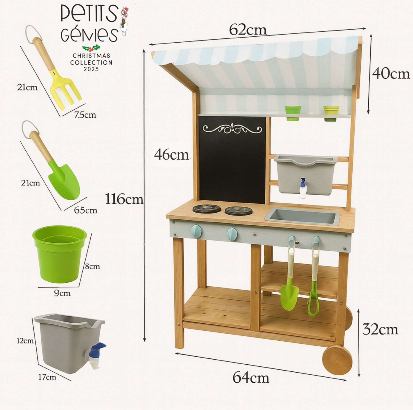 PETITS GÉNIES おしゃれ木製マッドキッチン 屋外おままごとセット 水遊び 泥遊び ガーデン遊び