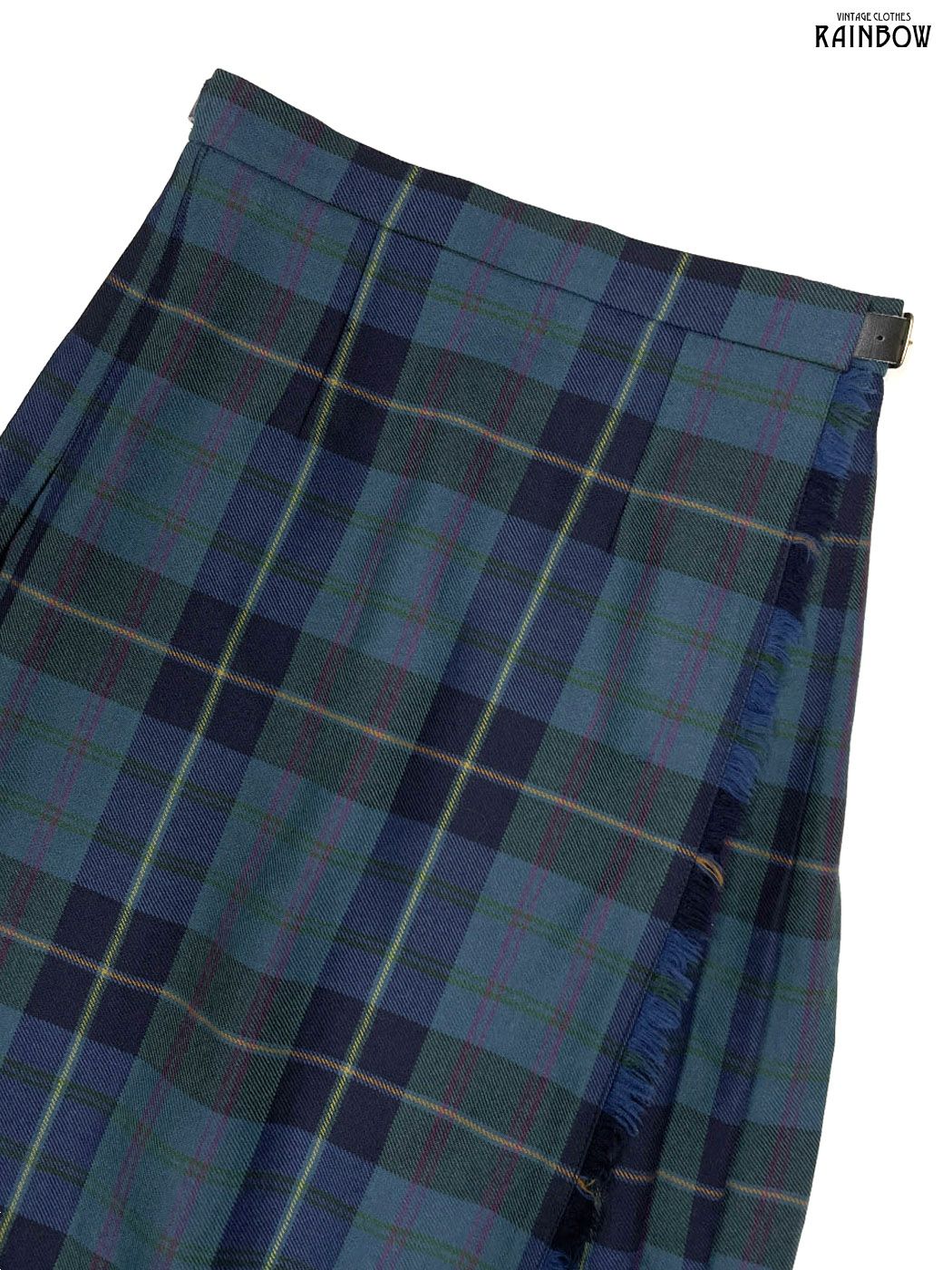 古着 JAMES PRINGLE WEAVERS スコットランド製 フリンジ 巻きデザイン チェック柄 ピュアウール 膝丈 プリーツ スカート 緑 紺 btu 2509070 新作入荷 ショートカーデ