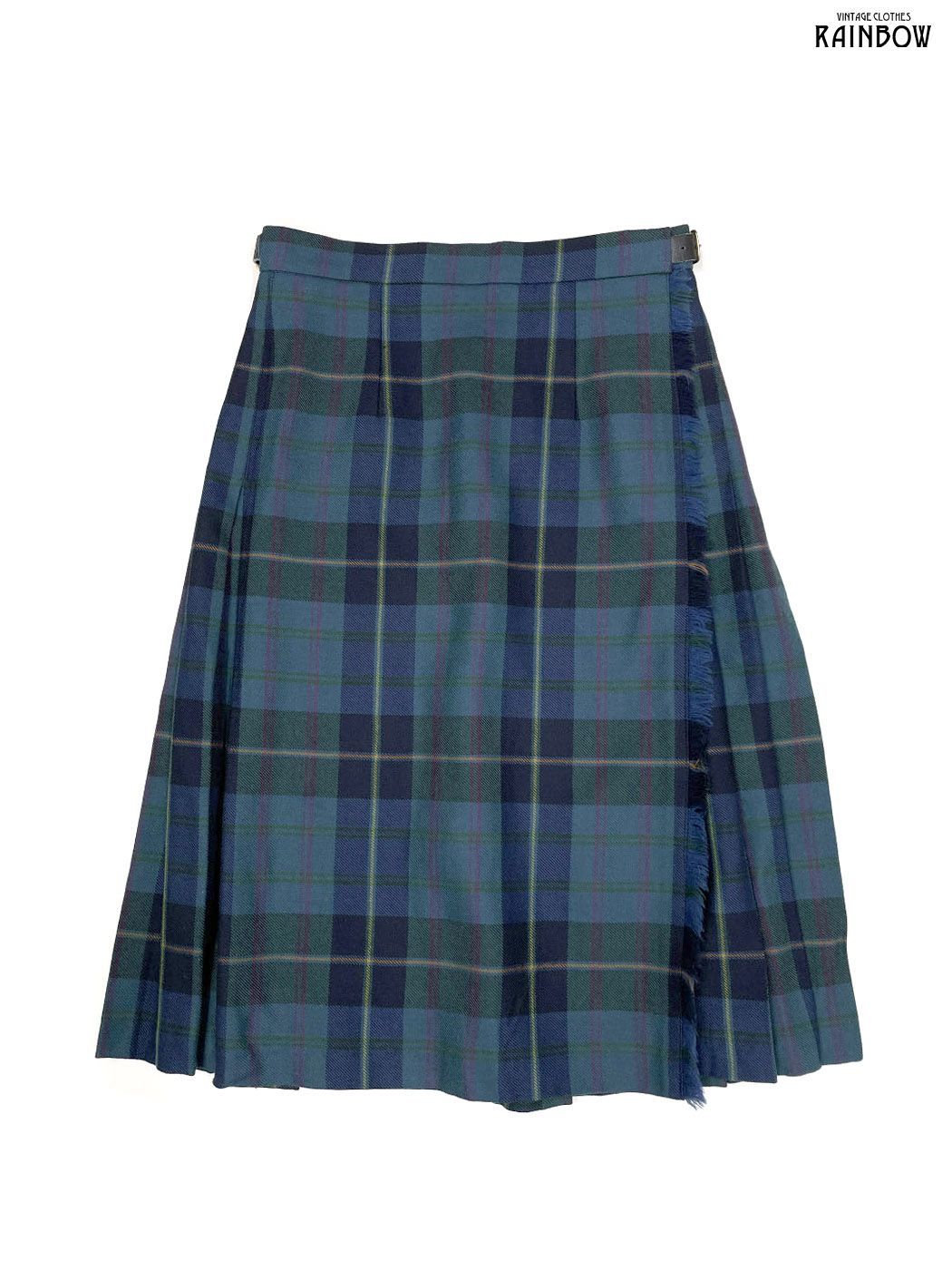 古着 JAMES PRINGLE WEAVERS スコットランド製 フリンジ 巻きデザイン チェック柄 ピュアウール 膝丈 プリーツ スカート 緑 紺 btu 2509070