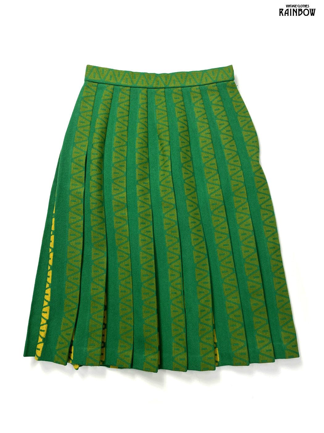 古着 McGREGOR マックレガー 総柄 ウール 膝丈 プリーツ スカート 緑 btu 2511021