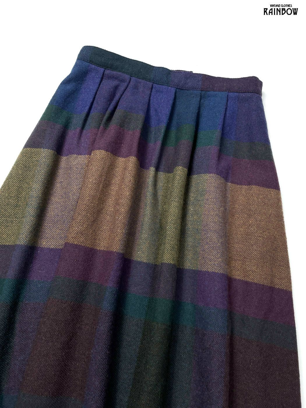 古着 チェック柄 ウール ロング丈 タック スカート 紺 btu 2511023