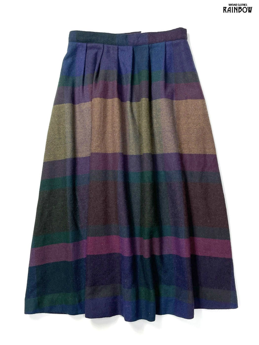 古着 チェック柄 ウール ロング丈 タック スカート 紺 btu 2511023