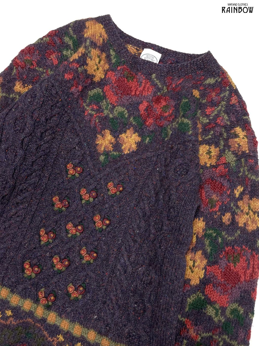 古着 laura ashley ローラアシュレイ 刺繍 花柄 ウール100％ 長袖 ニット セーター 紫 ttu 2509151