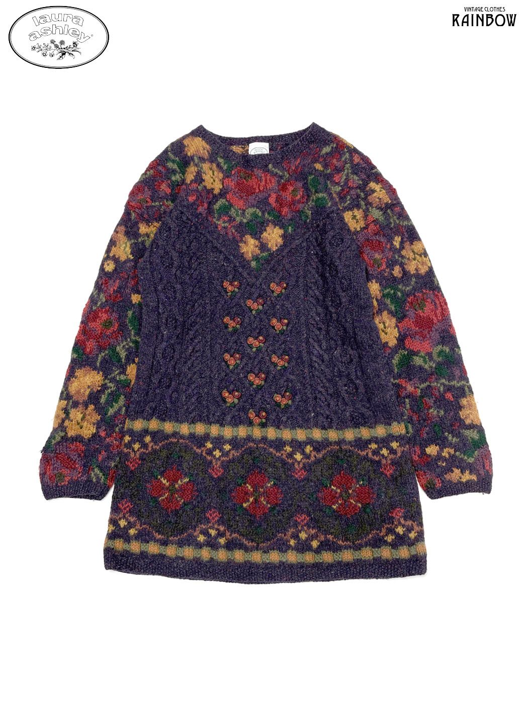 古着 laura ashley ローラアシュレイ 刺繍 花柄 ウール100％ 長袖 ニット セーター 紫 ttu 2509151