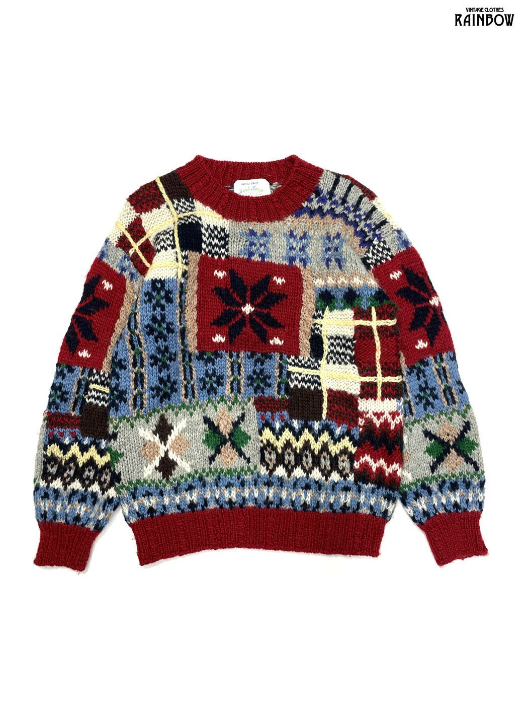 古着 総柄 ノルディック柄 長袖 ニット セーター 赤 ttu 2509162