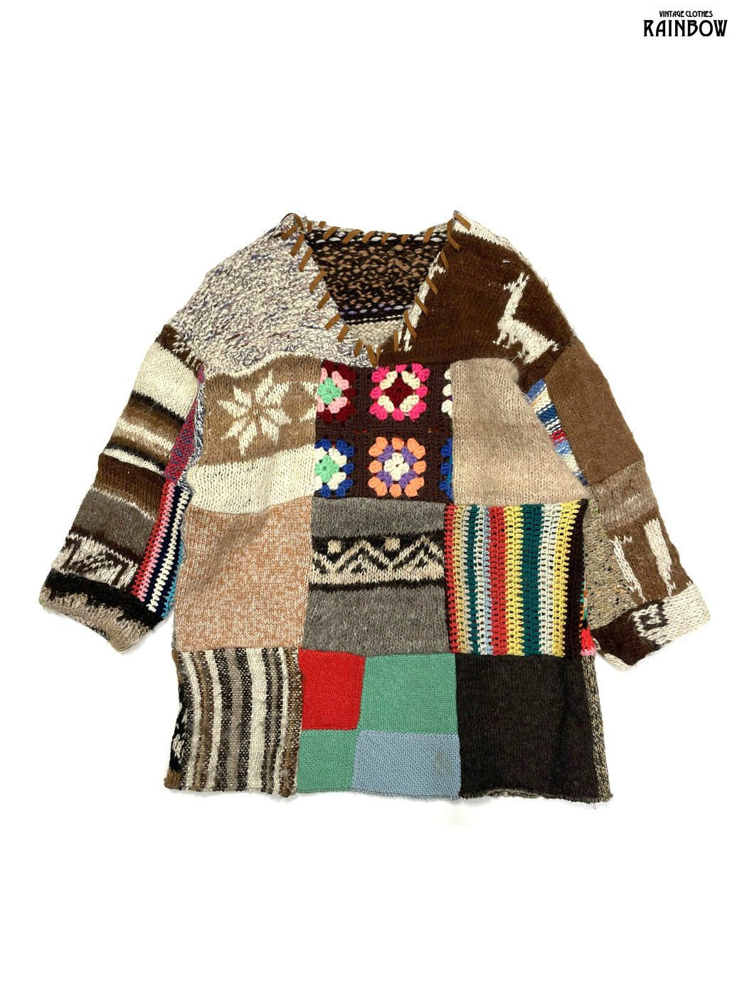 古着 パッチワーク風 イタリア製 総柄 ウール 長袖 ニット セーター 茶 ttu 2509164