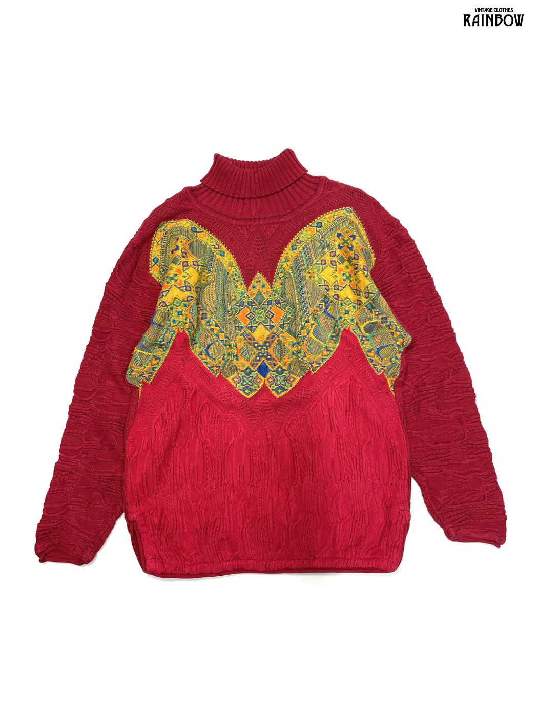 古着 COOGI クージー タートルネック 総柄 コットン100％ 長袖 ニット セーター 赤 ttu 2509169