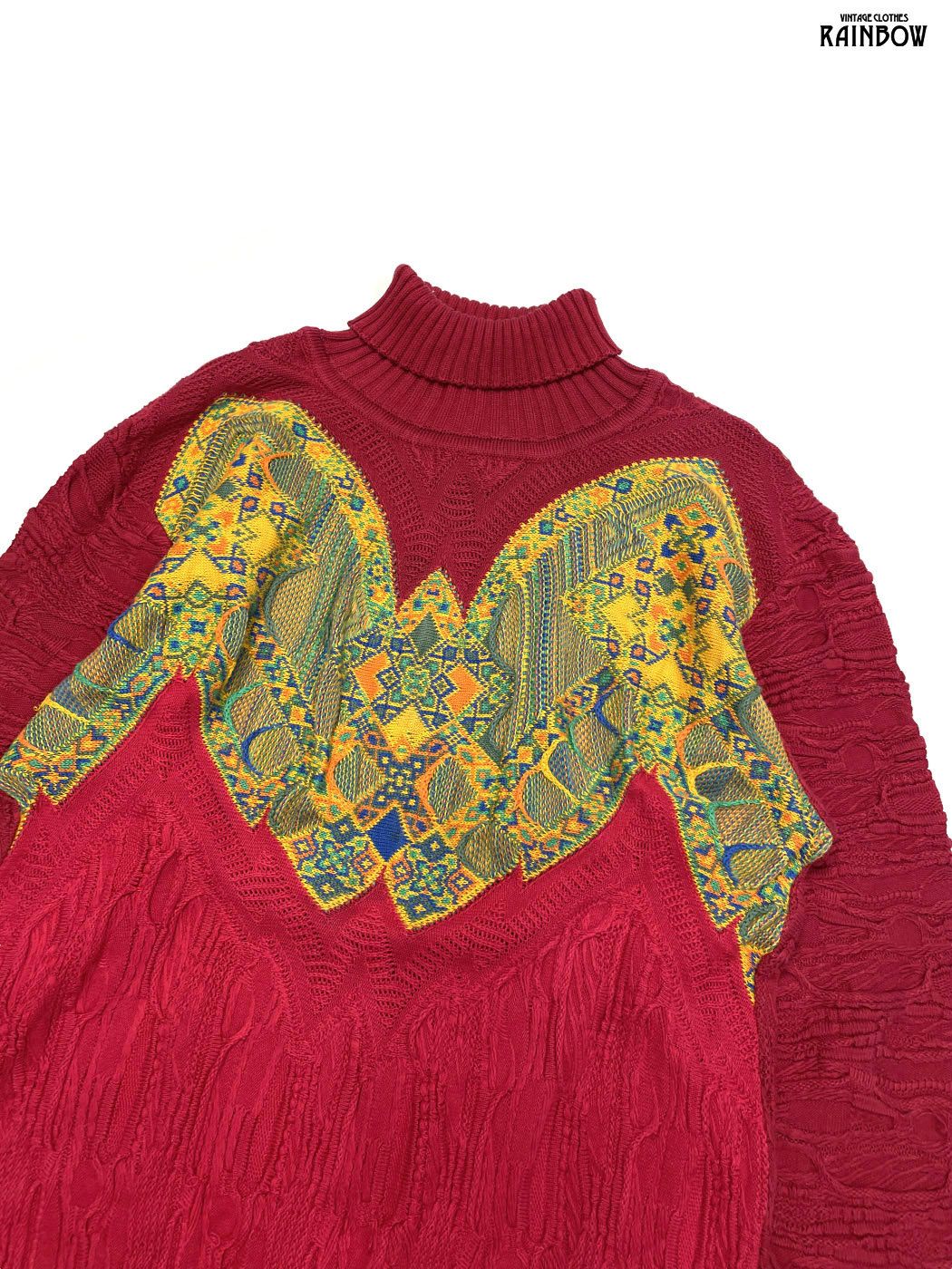 古着 COOGI クージー タートルネック 総柄 コットン100％ 長袖 ニット セーター 赤 ttu 2509169