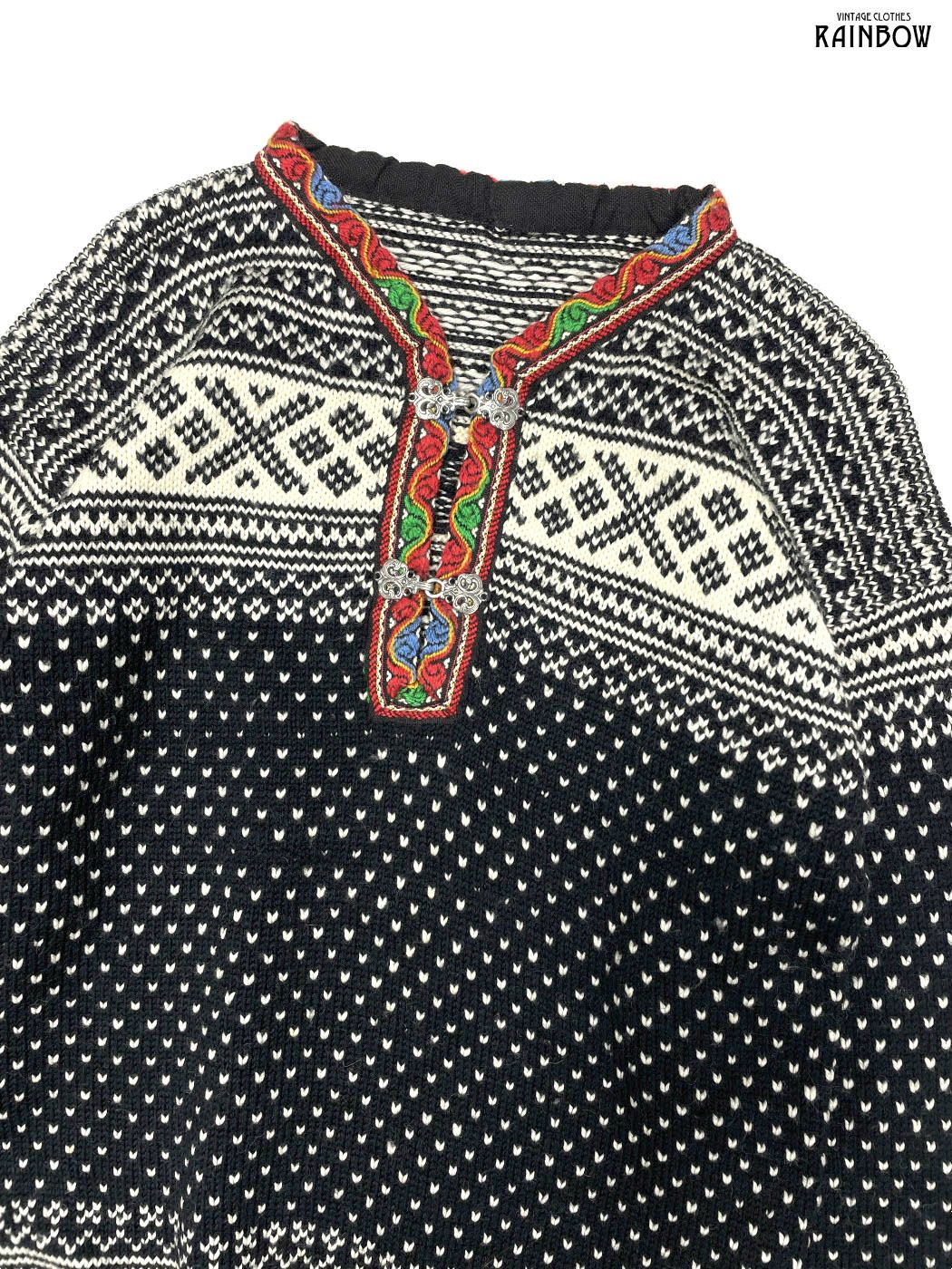 古着 総柄 エスニック柄 ウール 長袖 ニット セーター 黒 ttu 2510139
