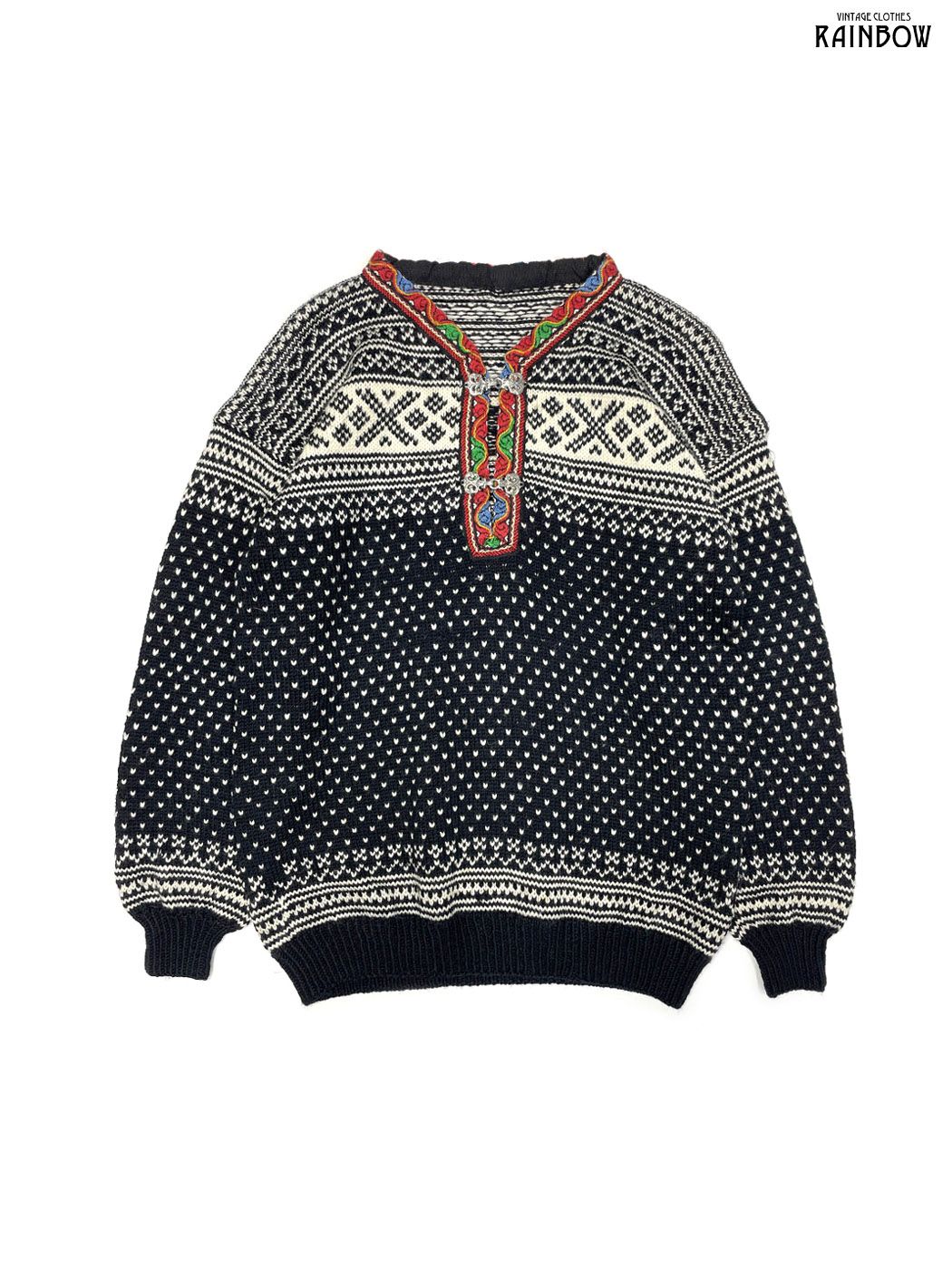 古着 総柄 エスニック柄 ウール 長袖 ニット セーター 黒 ttu 2510139