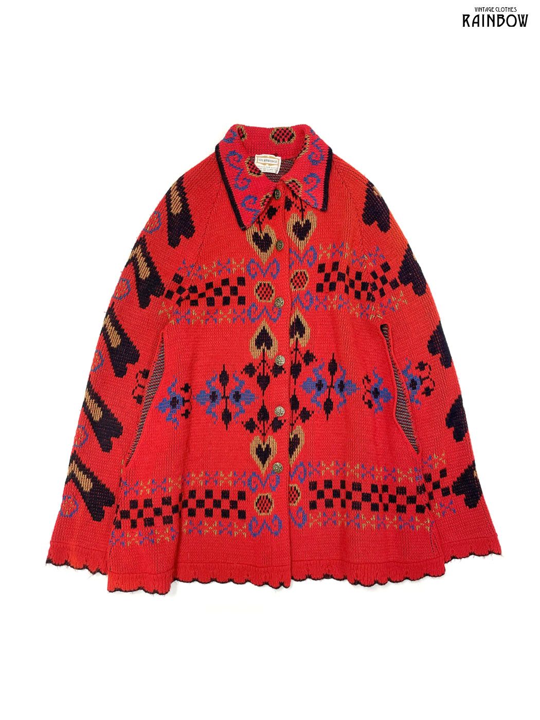 古着 前開き 総柄 長袖 ニット アウター 赤 ttu 2510150