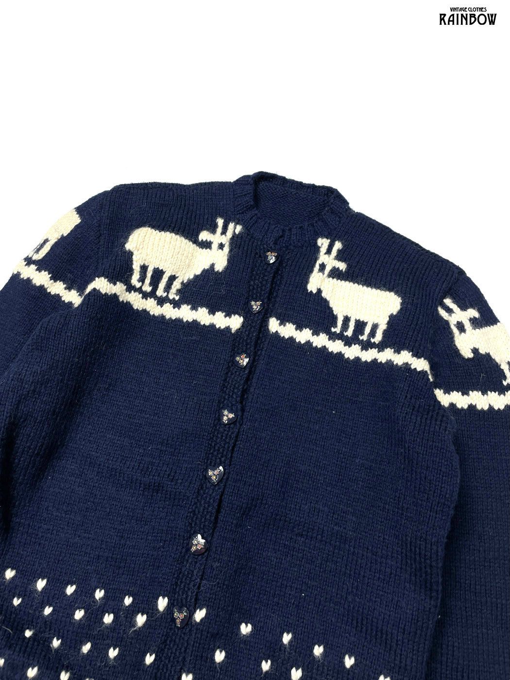 古着 トナカイ 総柄 ウール 長袖 ニット カーディガン 紺 ttu 2510180