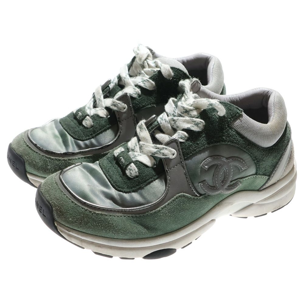 CHANEL シャネル ココマーク スエードレザー レースアップ ローカットシューズ スニーカー グリーン レディース G 34360