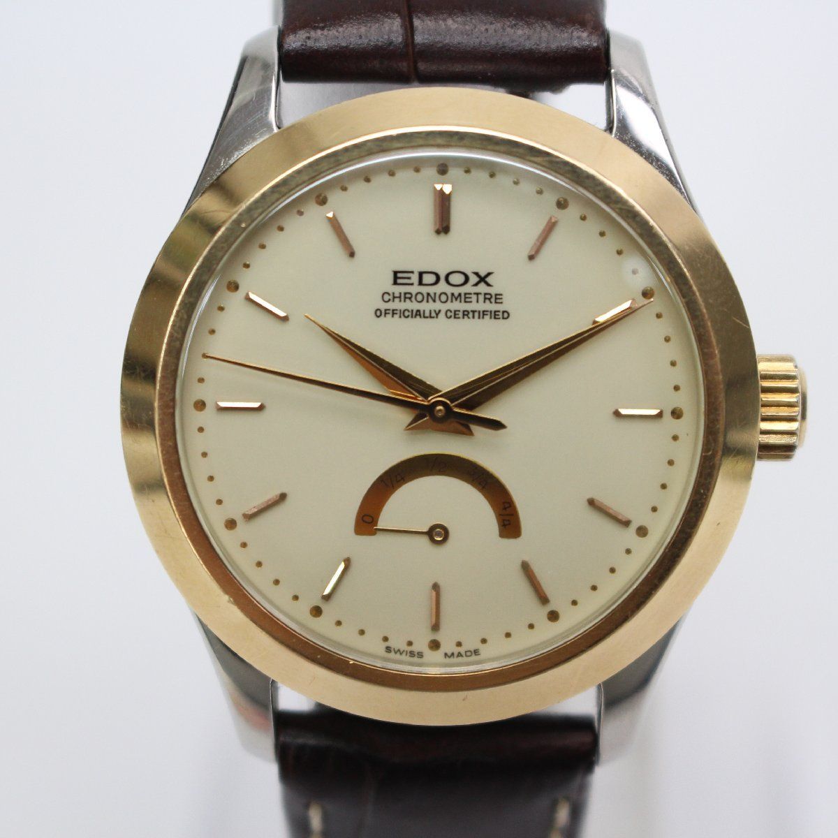 566 稼働品 EDOX エドックス クロノメーター＆パワーリザーブ 14 Kベゼル AT 自動巻き ベージュ系文字盤