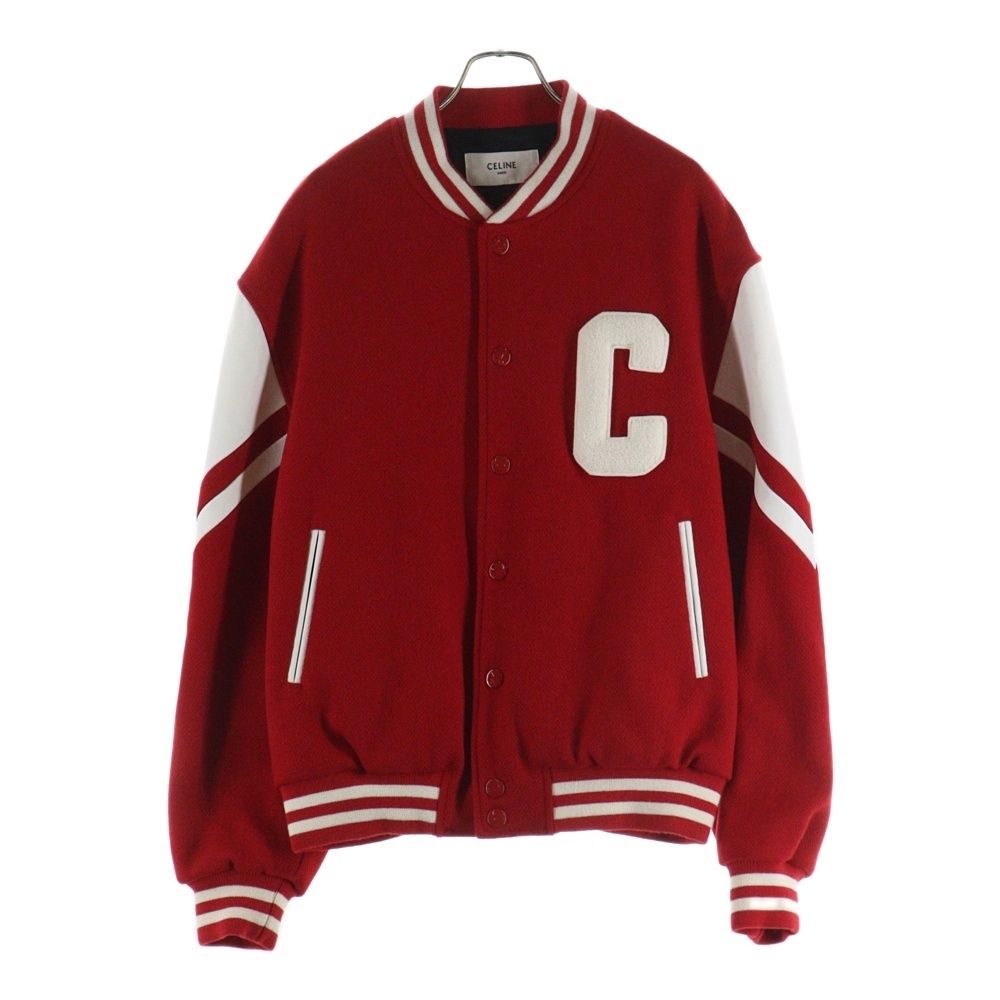 CELINE セリーヌ 23 AW JACKSON Thick Wool Plush Jacket 27 ED ジャクソン Cロゴスタジャン スタジアムジャケット ウール レザー レッド