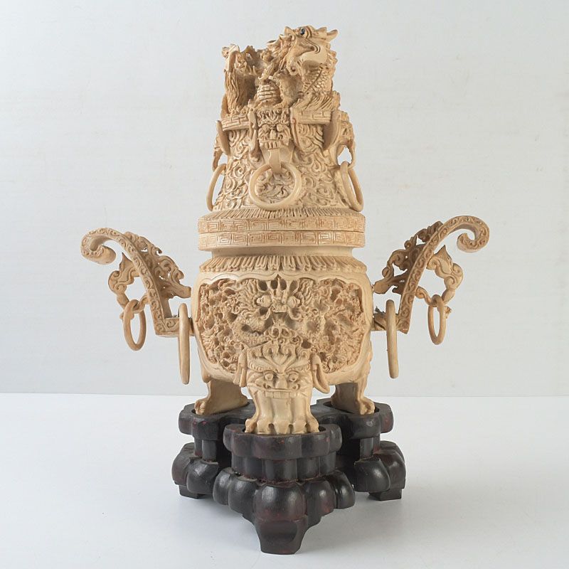 中国 練物彫刻 雙耳活環 獅子鈕蓋爐 香炉 唐木台付 N S383 - メルカリ