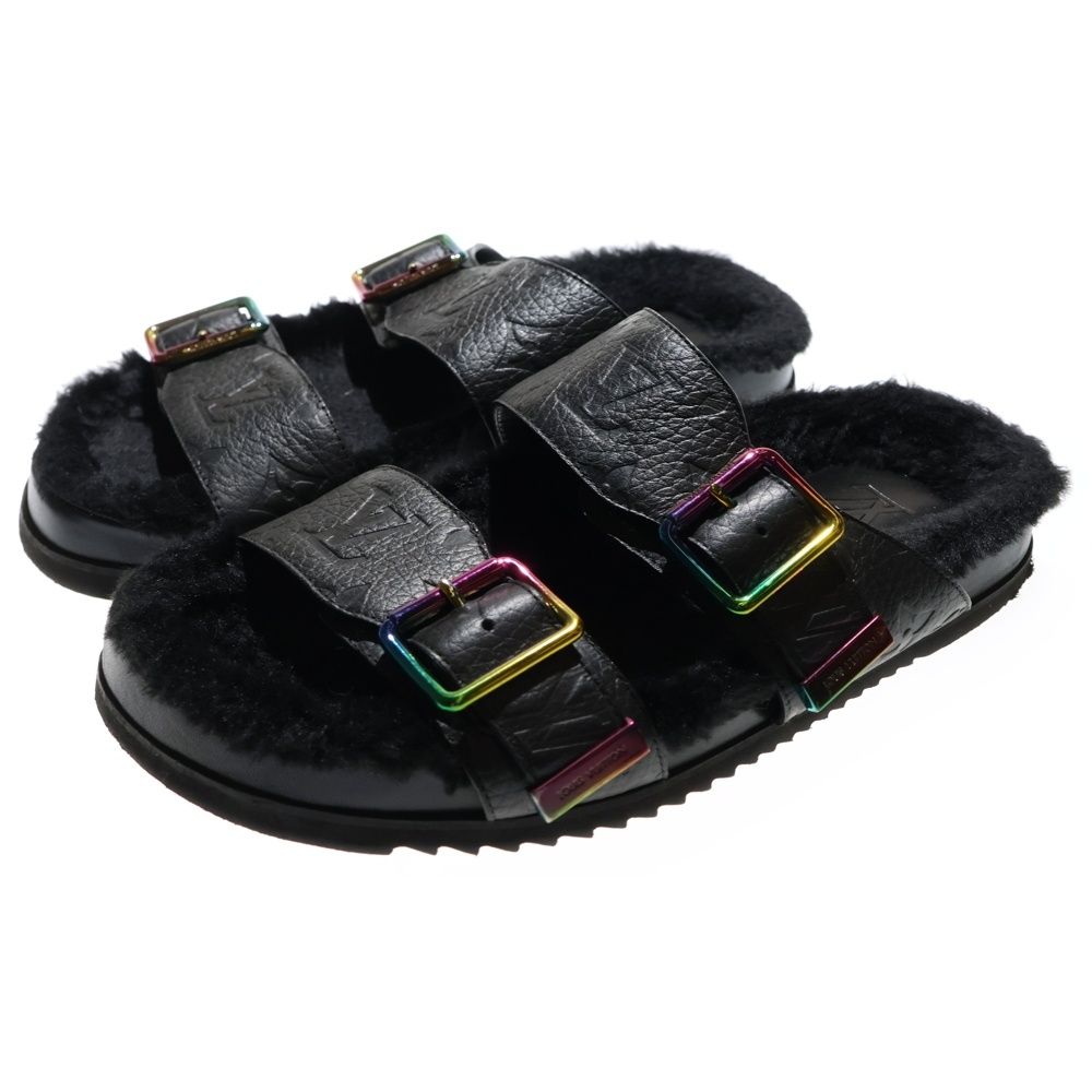 LOUIS VUITTON ルイヴィトン ミラボーライン モノグラム アンプラント エンボスレザー ボアライニング ストラップ フラットサンダル シューズ ブラック