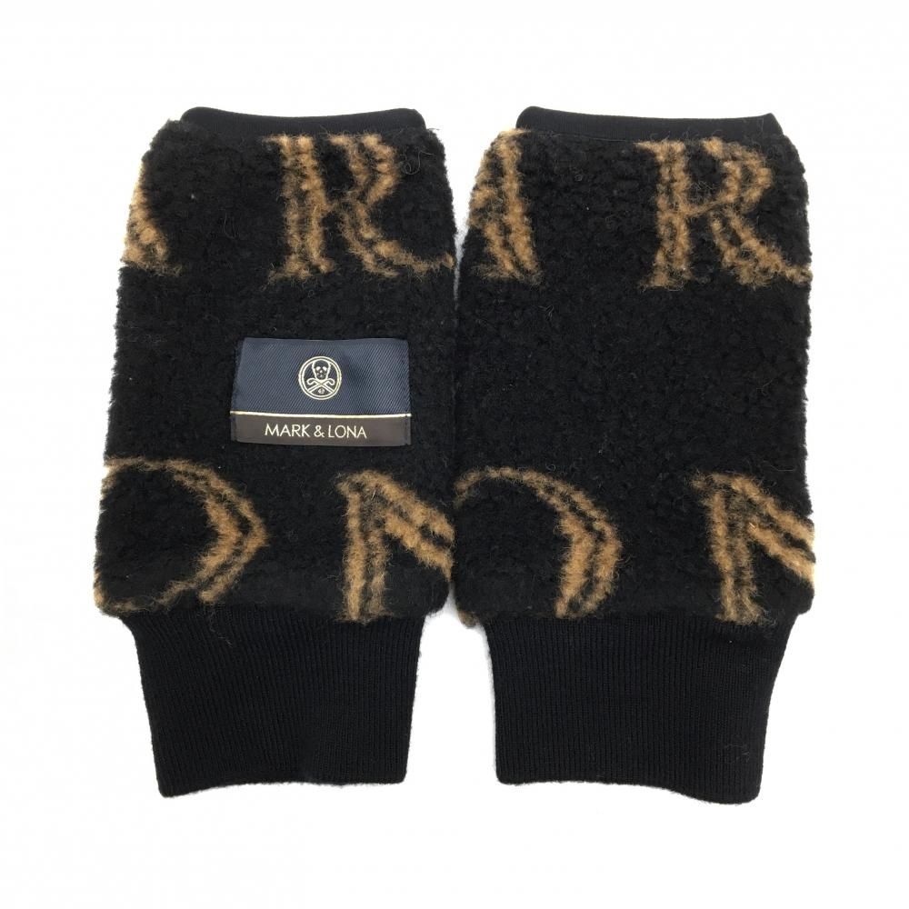 マークアンドロナ ハンドウォーマー 黒×ブラウン 英字柄 ボア ゴルフウェア MARK＆LONA