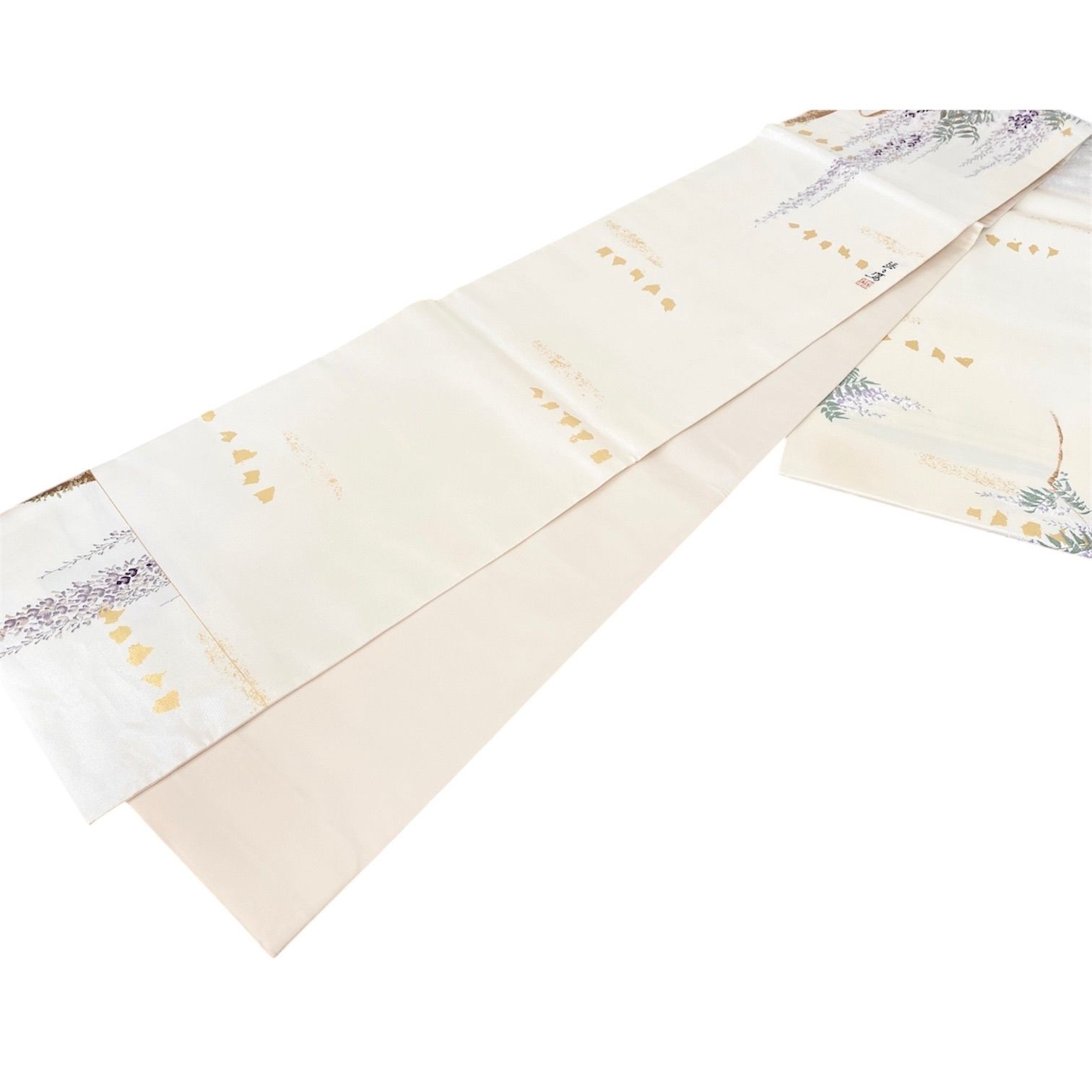 新品 お仕立て上がり 浅山織物 西陣織 真珠箔 本金箔 藤の花 正絹 袋帯