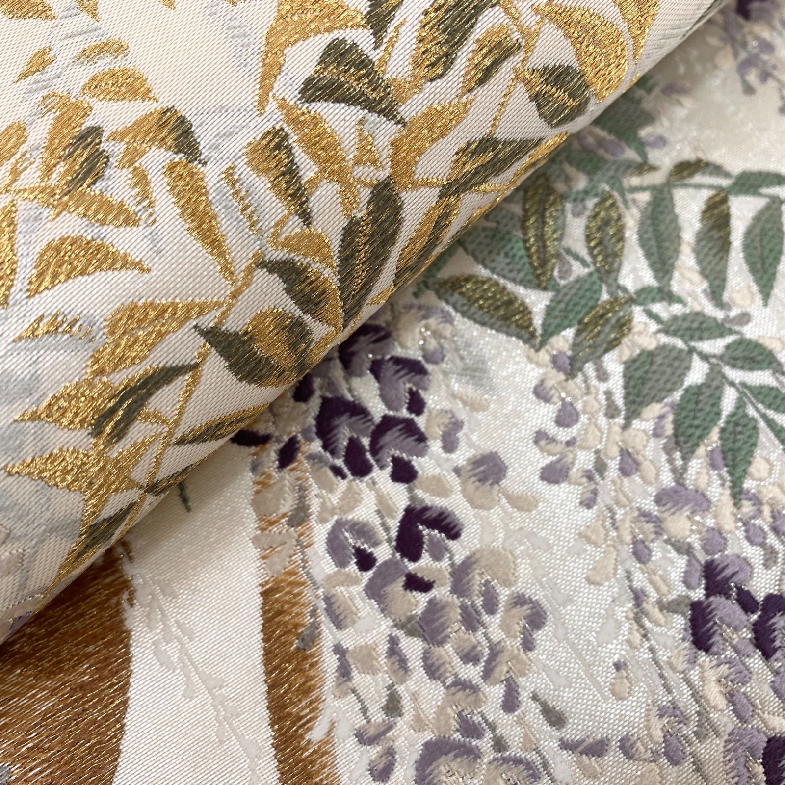 新品 お仕立て上がり 浅山織物 西陣織 真珠箔 本金箔 藤の花 正絹 袋帯