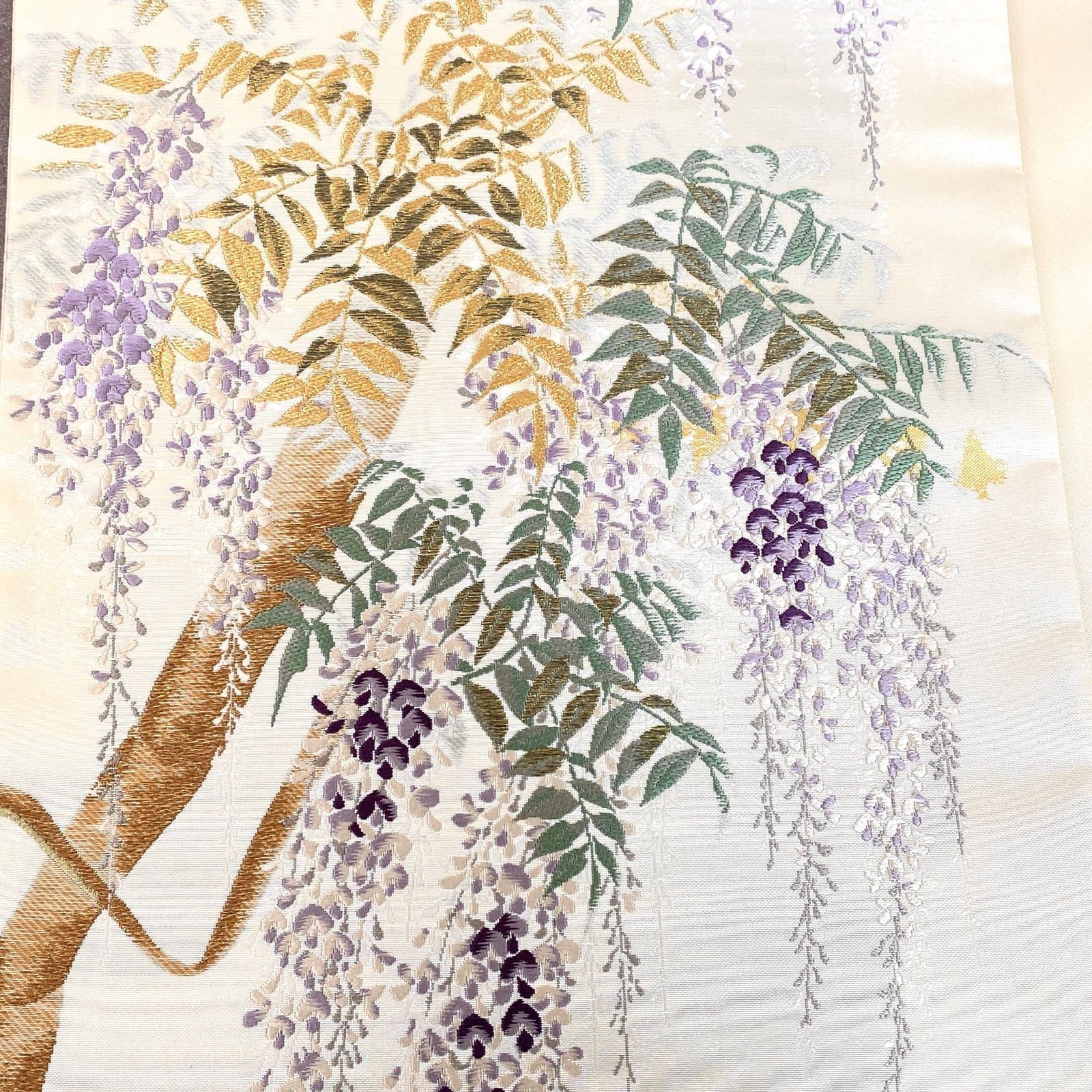 新品 お仕立て上がり 浅山織物 西陣織 真珠箔 本金箔 藤の花 正絹 袋帯