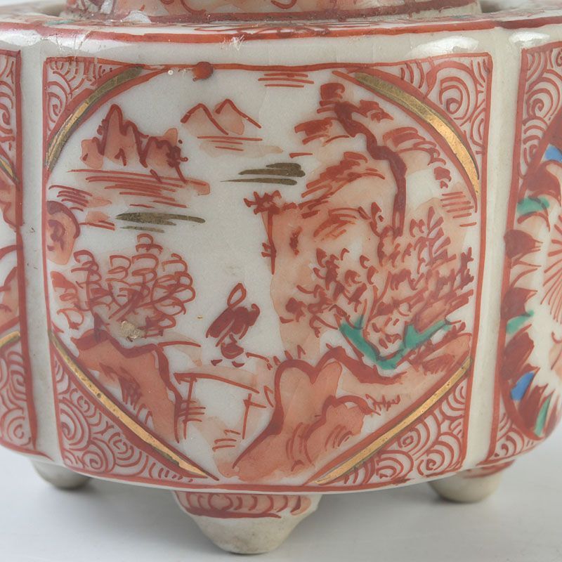 九谷焼 古九谷 赤絵金彩 花山水文 香炉 C S389 - メルカリ