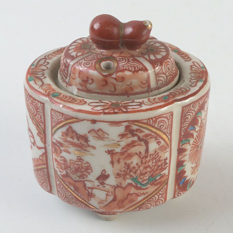 九谷焼 古九谷 赤絵金彩 花山水文 香炉 C S389 - メルカリ