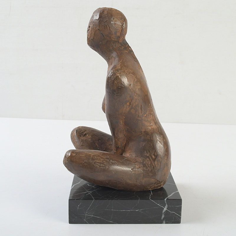 彫刻家 秋山沙走武作 乾漆 座女 裸婦像 大理石台付 置物 共箱 C S390