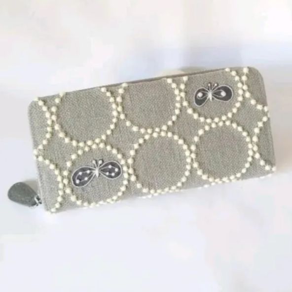 受注製作 刺繍３つ タンバリン グレー 本革長財布 ミナペルホネン
