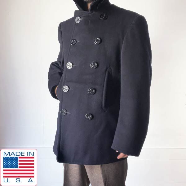 40s USA製 実物 米軍 US NAVY 10ボタン Pコート L程度 チンスト付き 紺