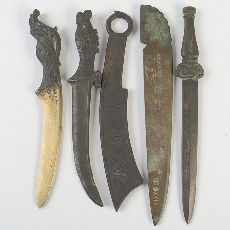 中国 古銅鍍金 漢詩刻 神獣彫など ペーパーナイフ 短剣 5点 C S398